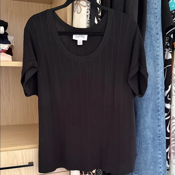 Joseph Ribkoff Black Ribbed Short Sleeve Top - Picture 1 of 2